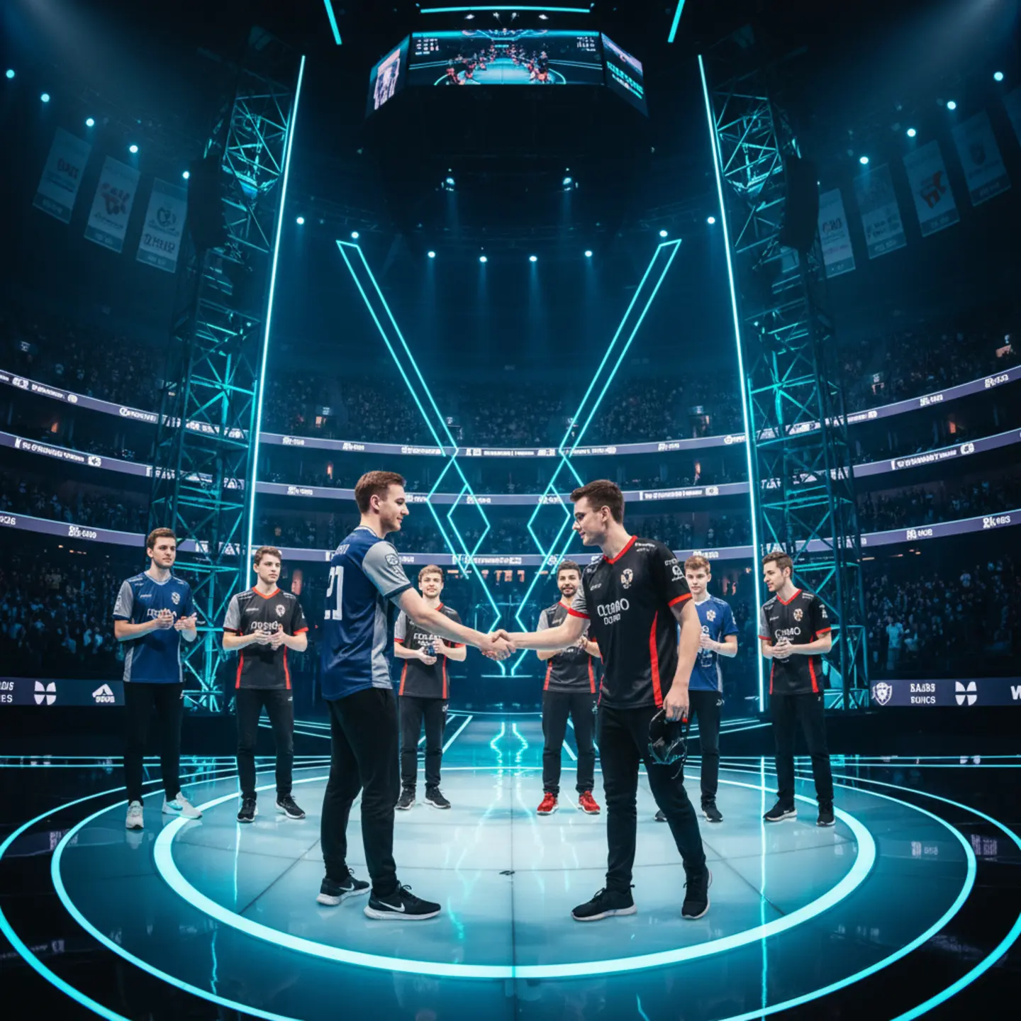UK esports players shaking hands after a highly competitive LAN match